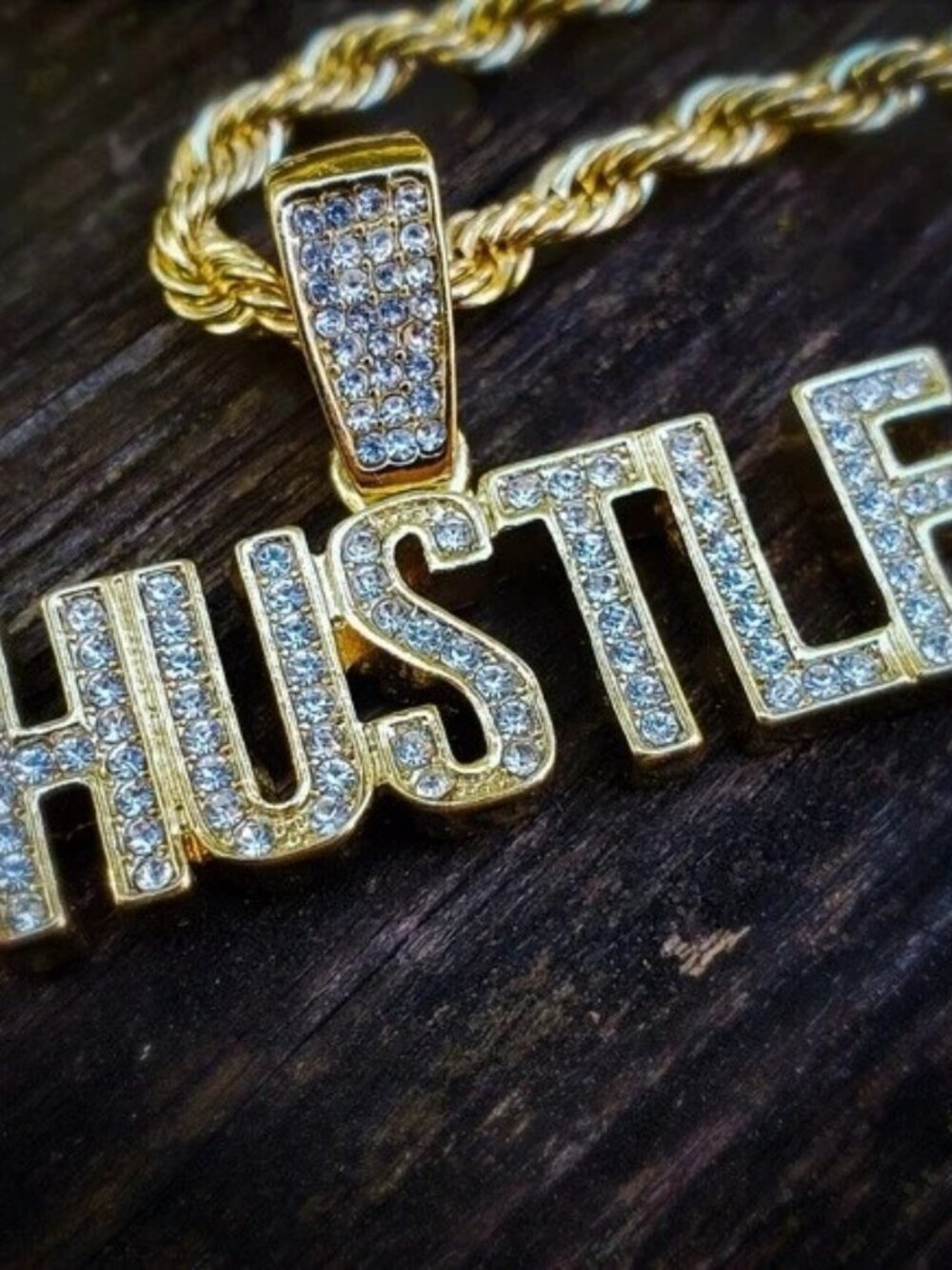 14K Plated Iced Out HUSTLE Pendant & 24” Rope Chain